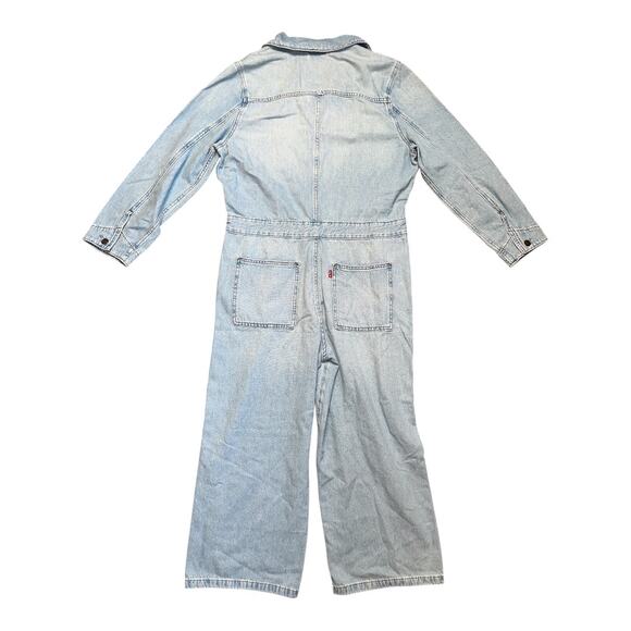 Levi's Light Wash Blue Iconic Denim Long Sleeve Wide Ankle Leg Jumpsuit Sz L NWT - Picture 4 of 9